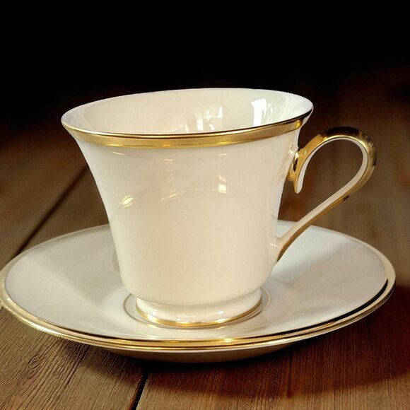 LENOX ETERNAL Collection Ivory & Gold Rim Footed Tea Cup and Saucer - Picture 1 of 6